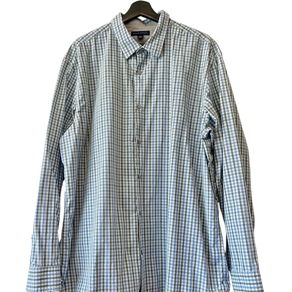 Banana Republic Mens XXL Gingham Check Button‎ Down Shirt Blue Green 100% Cotton